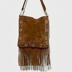 Made in Italy Suede Fringe Shoulder Bag – Boho Luxe Crossbody – Gold Stud Detail